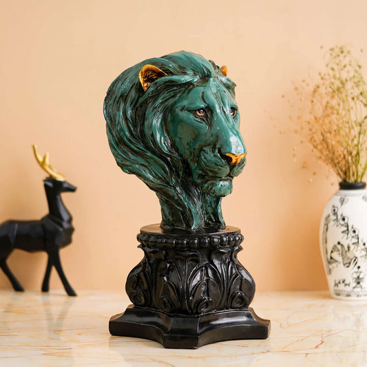 Handmade Green Lion Head Statue – Antique Stone Finish Decor by FunkiIndia