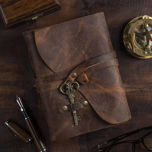 Warp Around With Key - Dark Brown Leather Journal