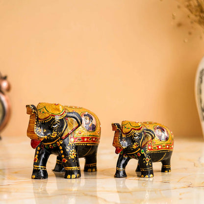 Handcrafted Rajasthani Wooden Elephant Showpiece – Tribal Art Design (Brown)
