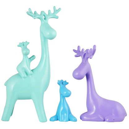 Set of three deer figurines in turquoise, blue, and purple on a white background