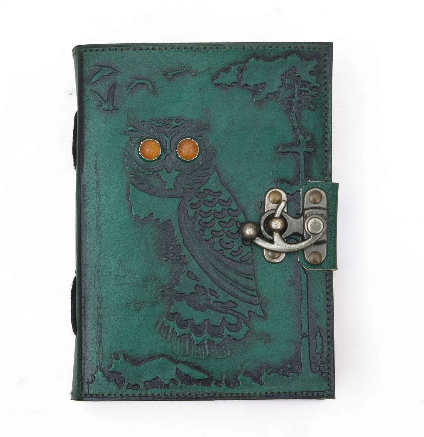 Green leather notebook with owl design and metal clasp on a white background