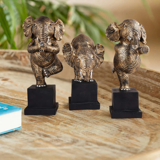 Golden Polyresin Elephant Showpiece Set of 3 – Home & Table Decor