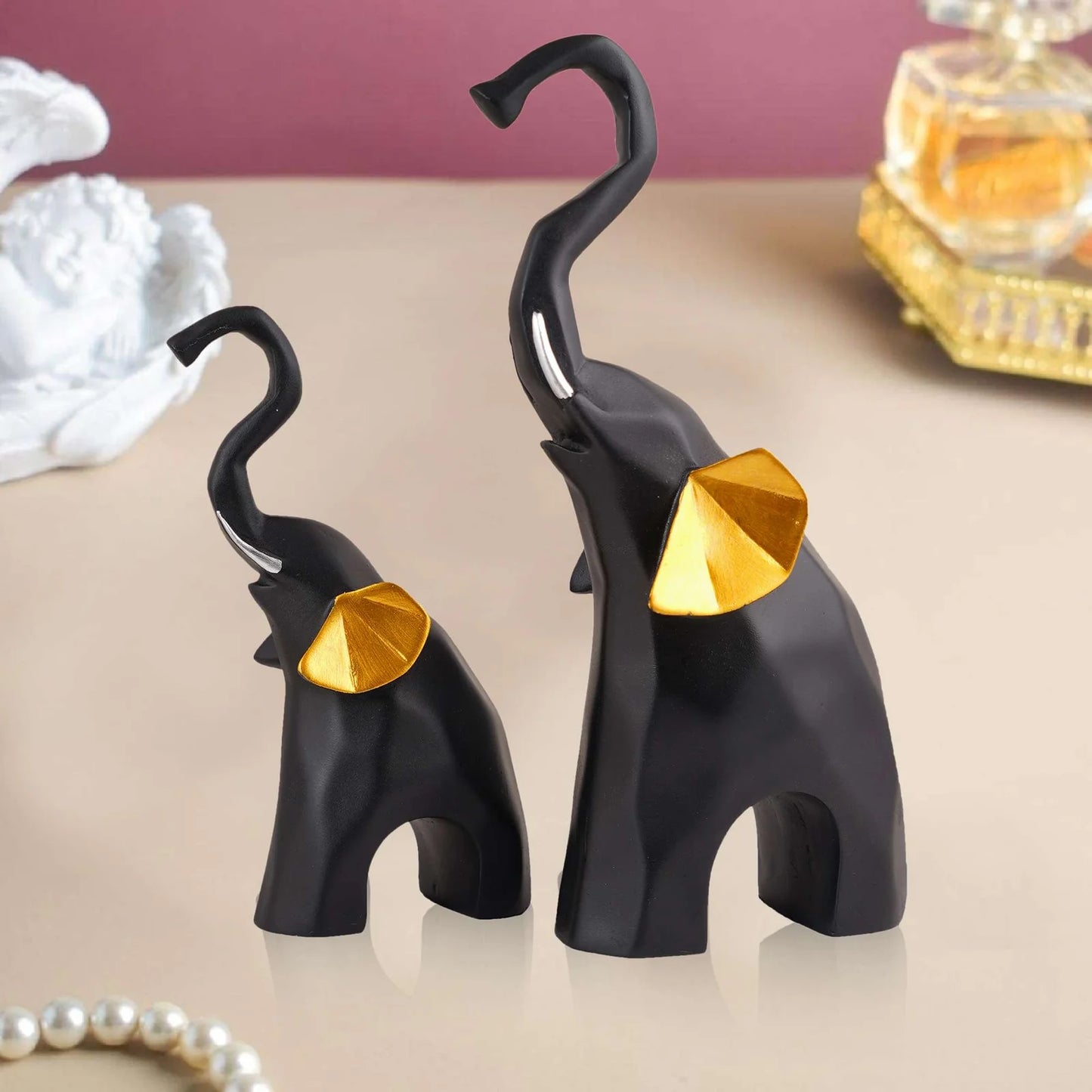 Funkiindia Black Polyresin Elephant Showpiece Set – Elegant Decor for Home & Gifting (Set of 2)