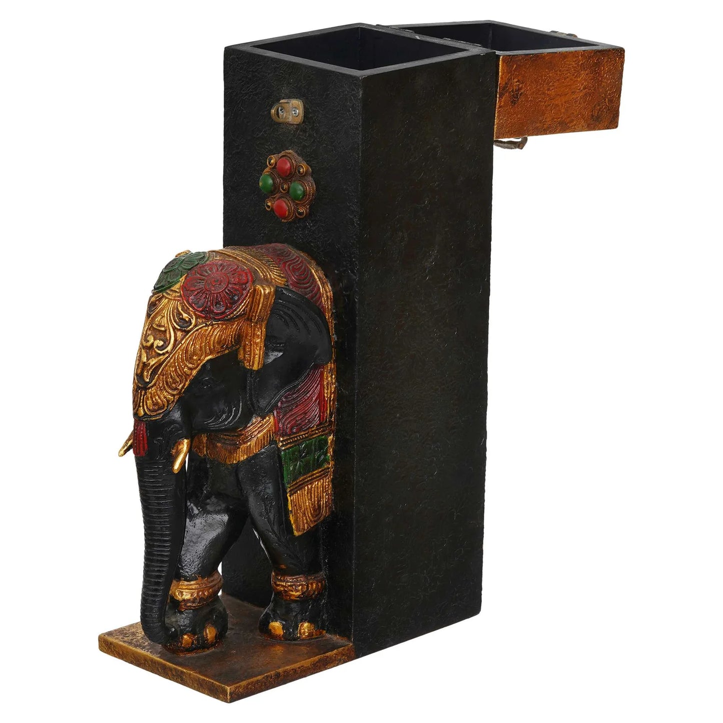 Decorative umbrella stand with an elephant figure on a white background